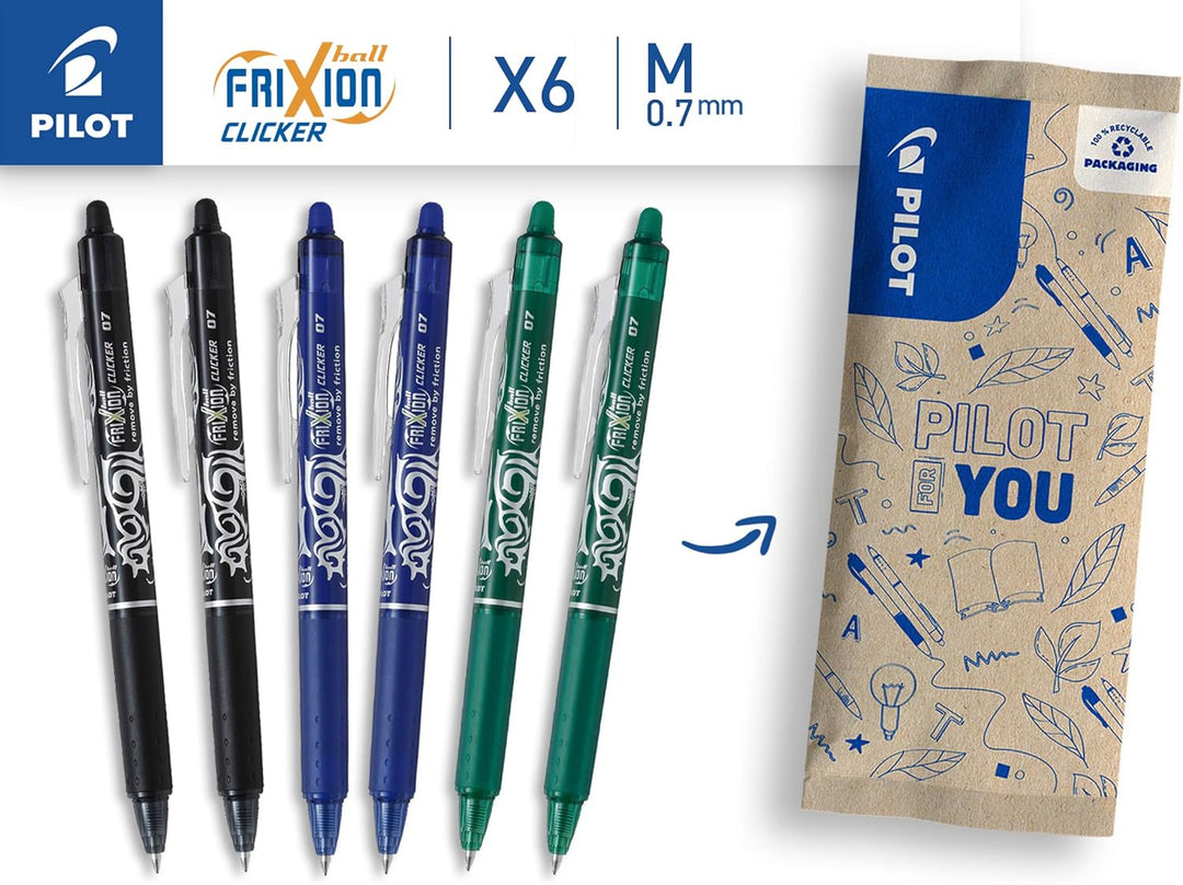 PILOT FriXion Clicker 0.7 – 6 Stück – Farben 2x Blau/Schwarz/Grün – Radierbarer, nachfüllbarer Gel