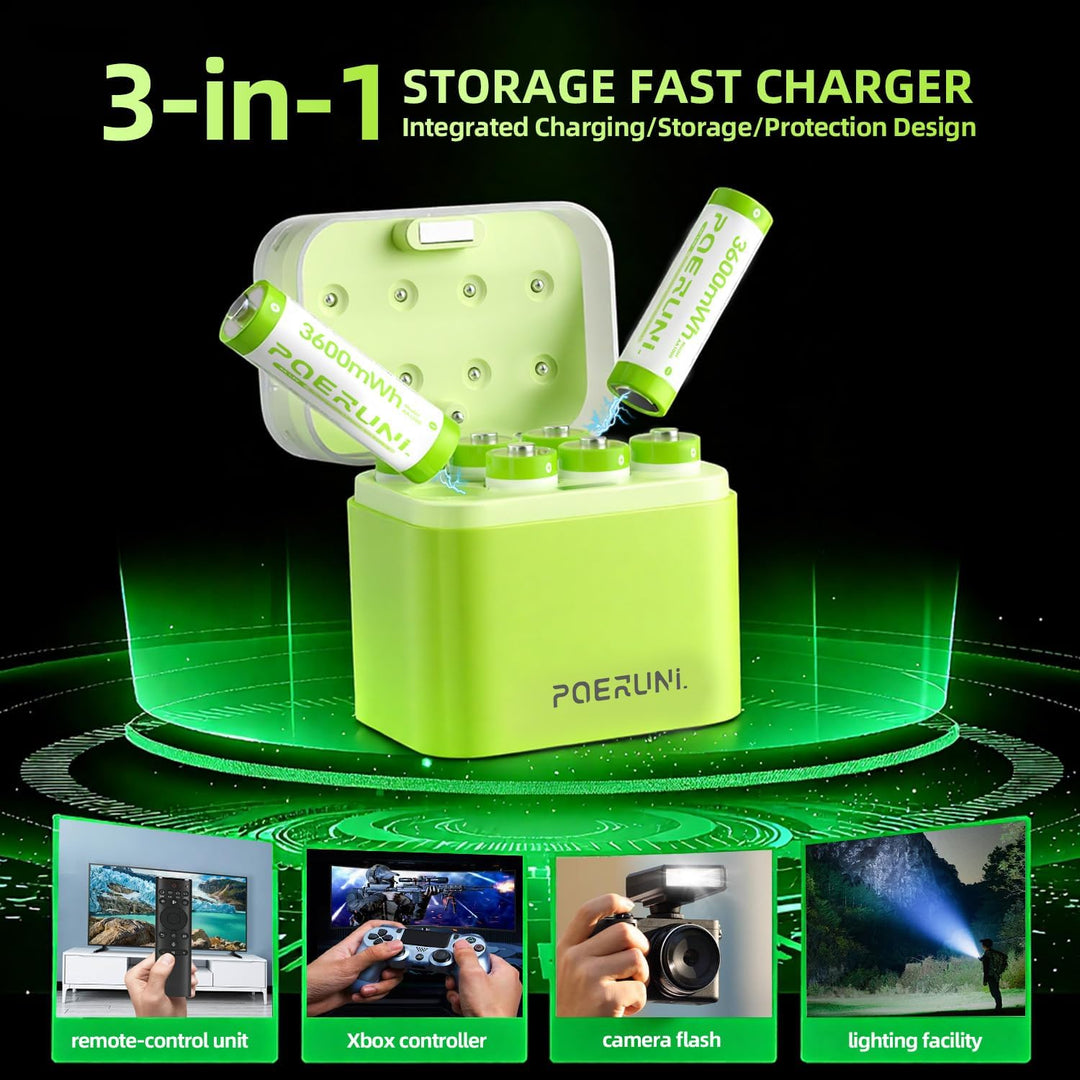 POERUNI.1.5V AA Akkus Wiederaufladbar mit Ladegerät Wiederaufladbare AAA und Lithium Batterie AA Akk
