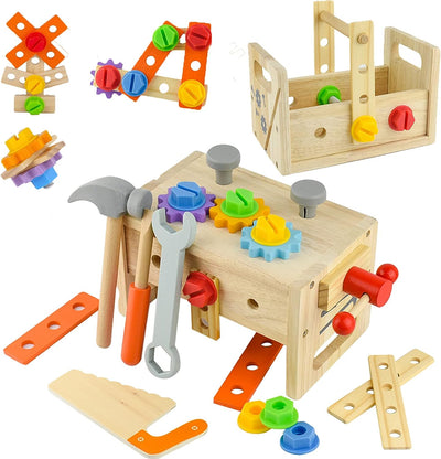 Coriver Werkzeugkoffer Kinder Werkzeug Holzspielzeug, 24 Stück Werkbank Kinder Montessori Spielzeug,
