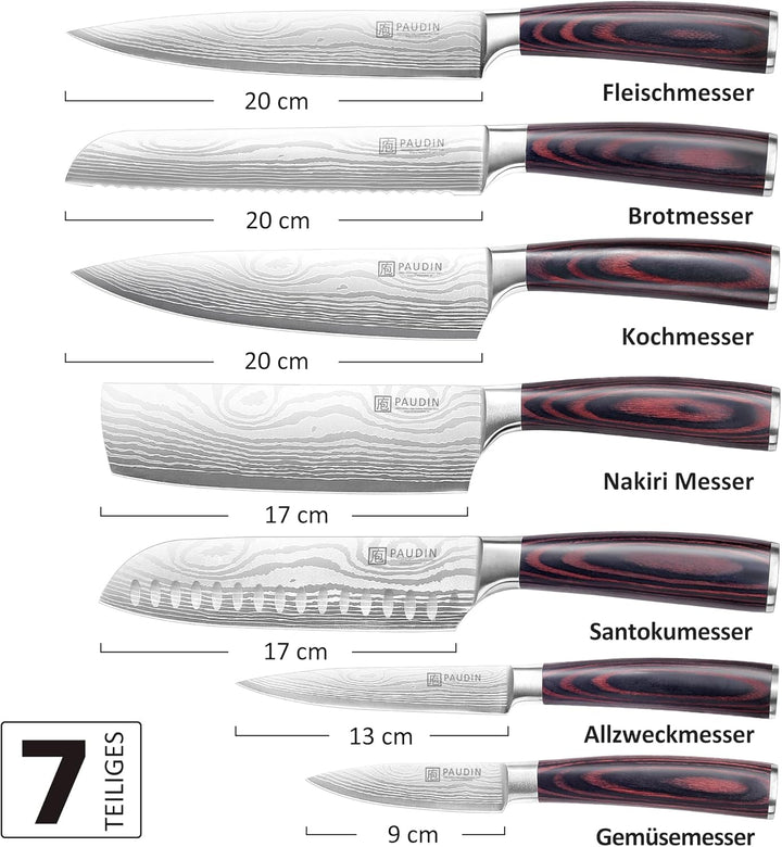 PAUDIN Messerset 7-teilig, Küchenmesserset aus hochwertigem Edelstahl, Profi Kochmesser mit scharfer