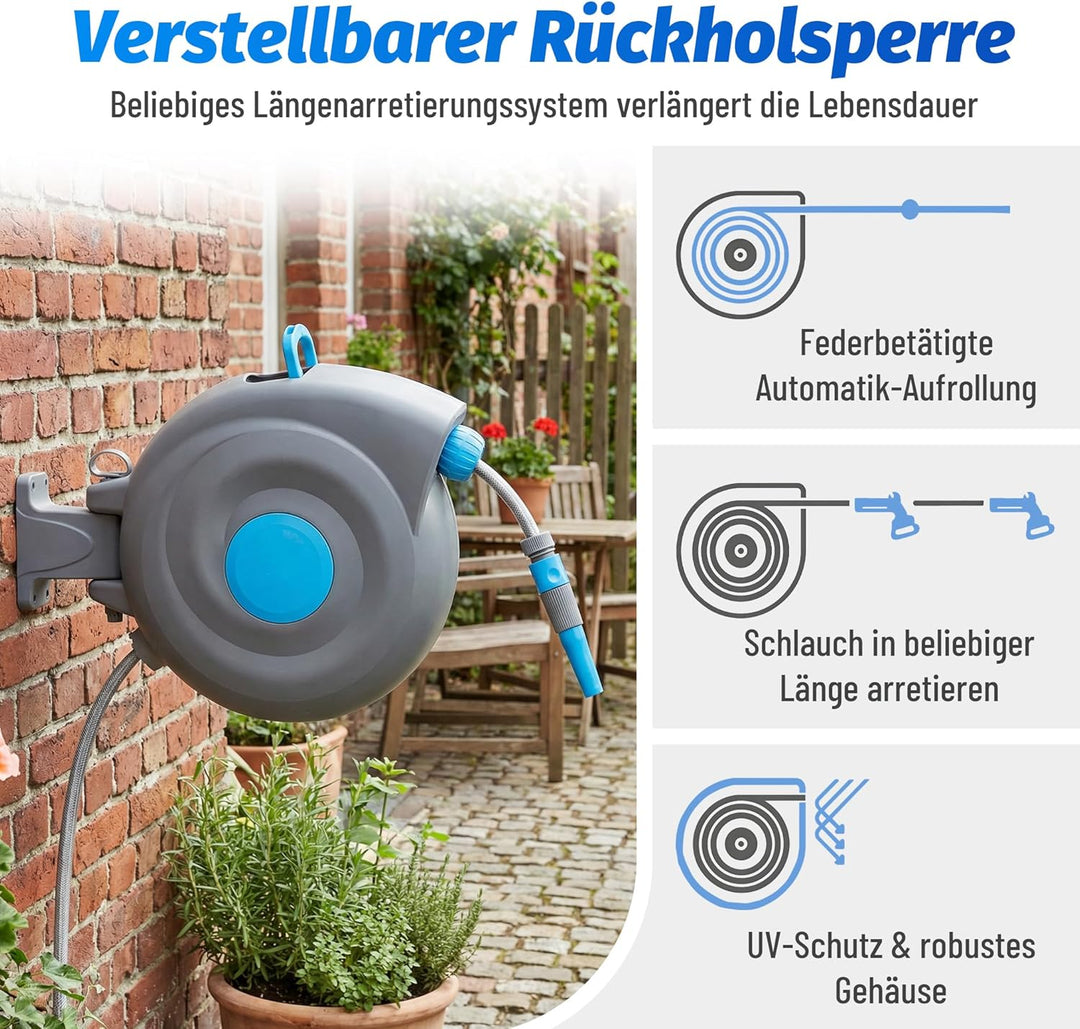 Wand Schlauchtrommel Wand-Schlauchbox 20 Meter, 180° Schwenkbar flexible Bewässerung für grosse Gart
