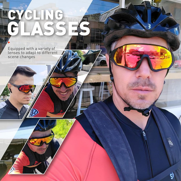KAPVOE Polarisiert Fahrradbrille mit 1 Linse oder 5 austauschbare Linse TR90 Rahmen für Herren Damen