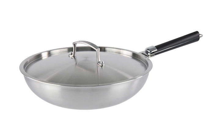 Kamberg - Wok aus Edelstahl, 28 cm, abnehmbarer Griff – Edelstahl 18/10 Triply – für alle Herde, auc