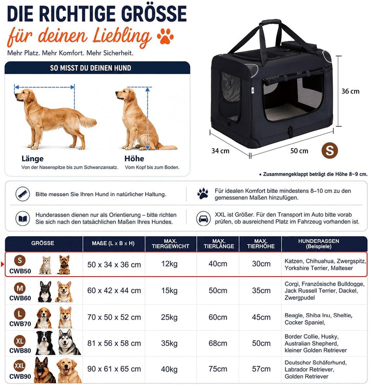 Zedelmaier Hundebox Faltbar Hundetransportbox, S 50x36x34cm, robust Transportbox für Hund &amp; Katze Gr