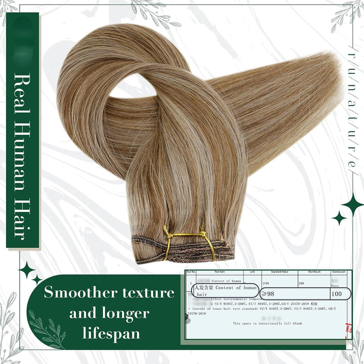 RUNATURE Clip in Extensions Echthaar 25cm Seamless Dunkelblond Mit Goldblond 50g 3 Stück Haarverläng