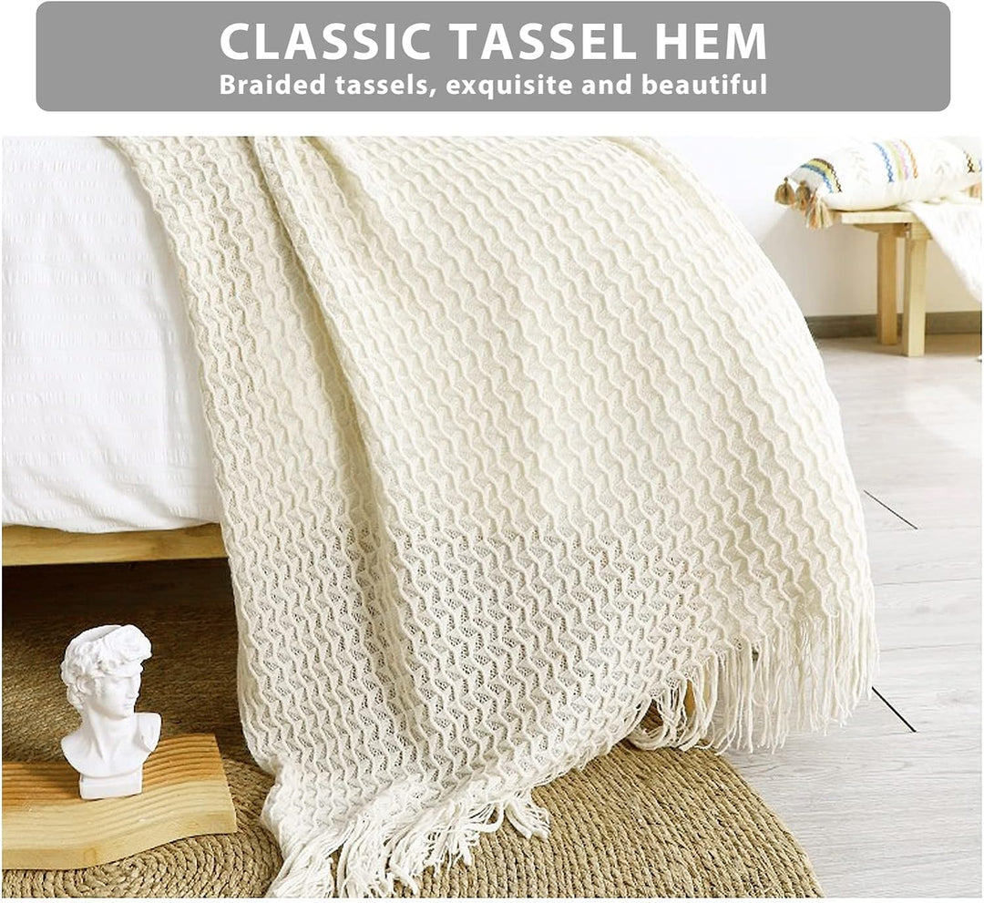 LumiSyne Zellulare Strickdecke Mit Quaste Einfarbige Zartes Hohlen Webmuster Weich Atmungsaktiv Sofa