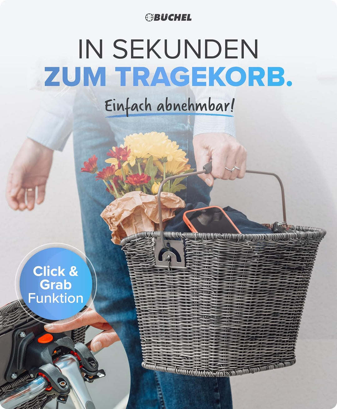 Büchel Fahrradkorb Vorne aus Polyrattan I mit innovativer Schnell-klick Halterung I Fahrrad Korb für