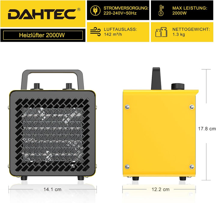 Keramik Heizlüfter 2000 Watt Klein Heizstrahler Bauheizer Bautrockner mit Thermostat & 3 Heizstufen