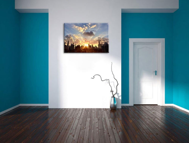 Chicago Skyline im Sonnenaufgang Format: 100x70 auf Leinwand, XXL riesige Bilder fertig gerahmt mit