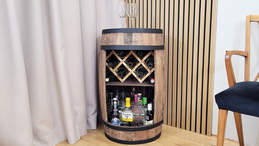 weeco Fassbar mit LED Beleuchtung und Weinhalter. Weinregal - Holzfass Hausbar 80cm. Rustikaler deko