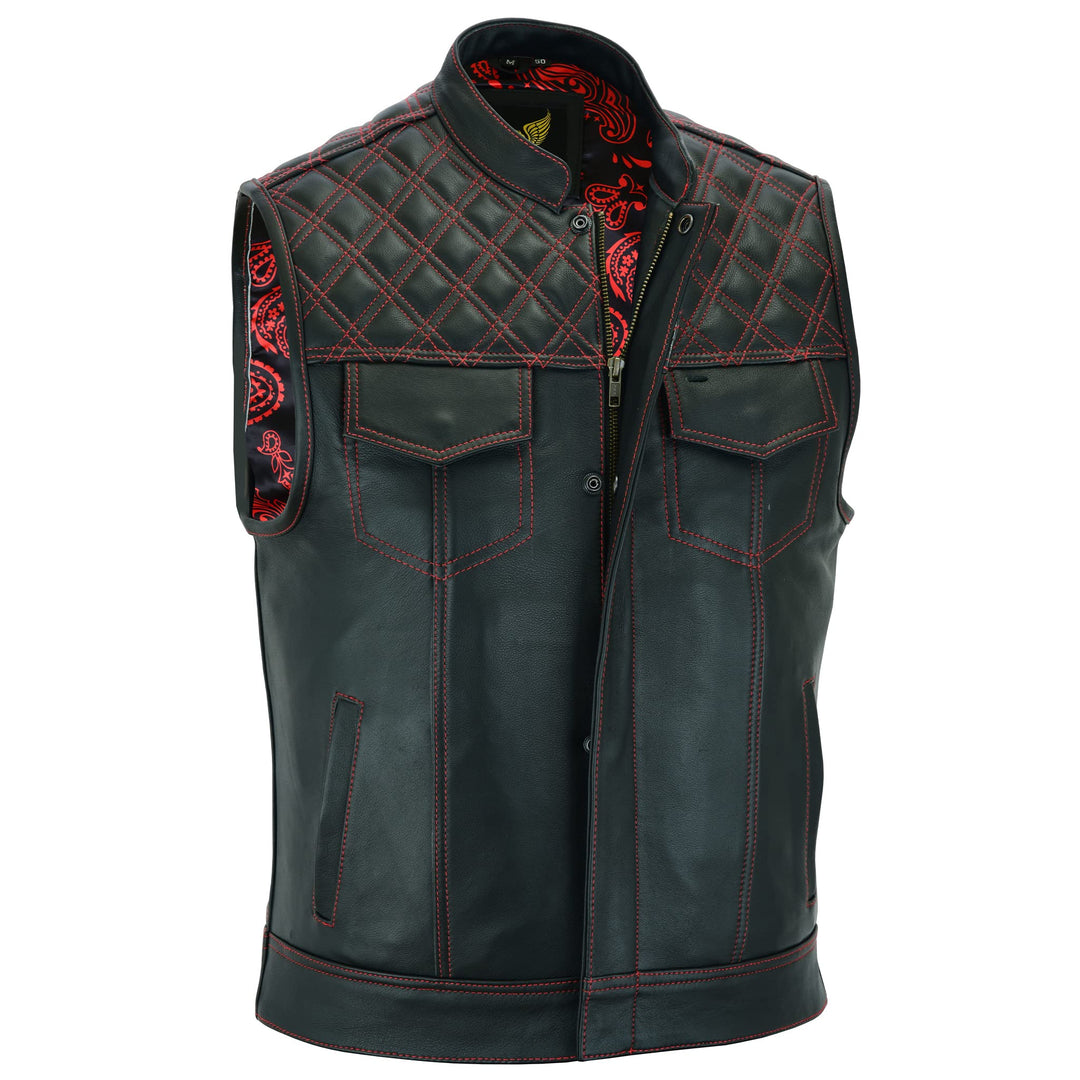Leatherick Groove Club Herren-Motorradweste aus schwarzem Leder – Bikerweste 46 Schwarz (rote Rauten