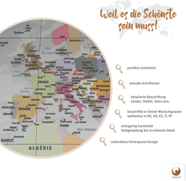LANA KK - Weltkarte Leinwandbild mit Korkrückwand zum pinnen der Reiseziele – „Worldmap Edelgrau” -