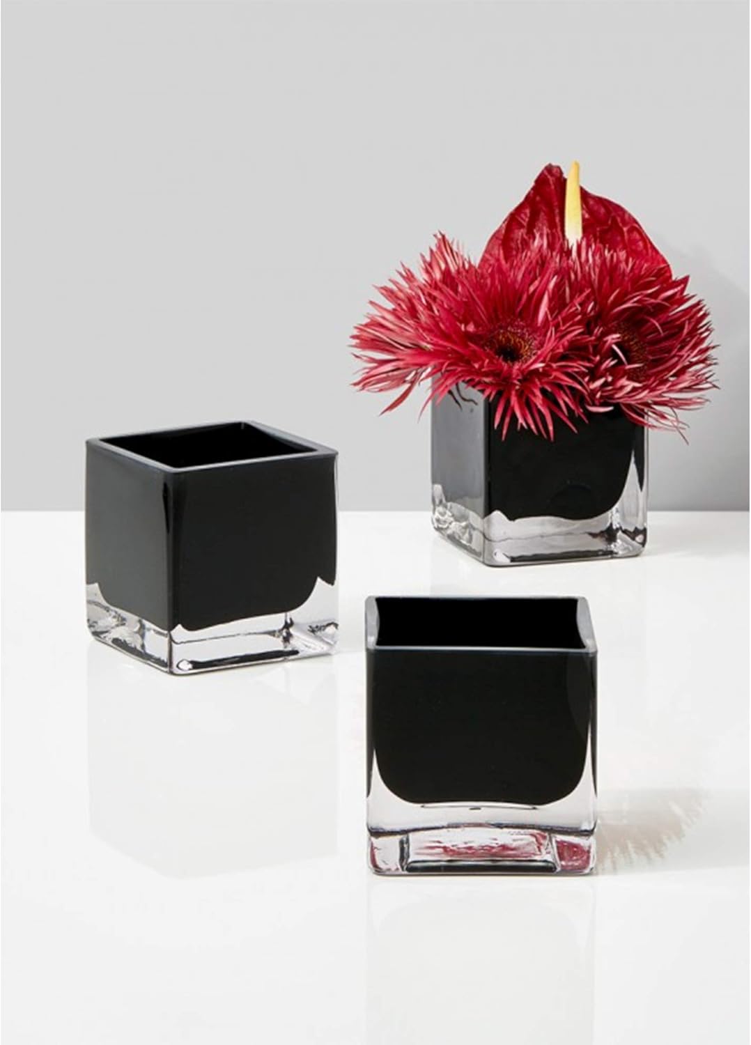 WGV Schwarze Glasvase, Kerzenhalter, 12,7 x 12,7 x 12,7 cm, blumiger Akzent, Heimbüro-Dekor, 1 Stück