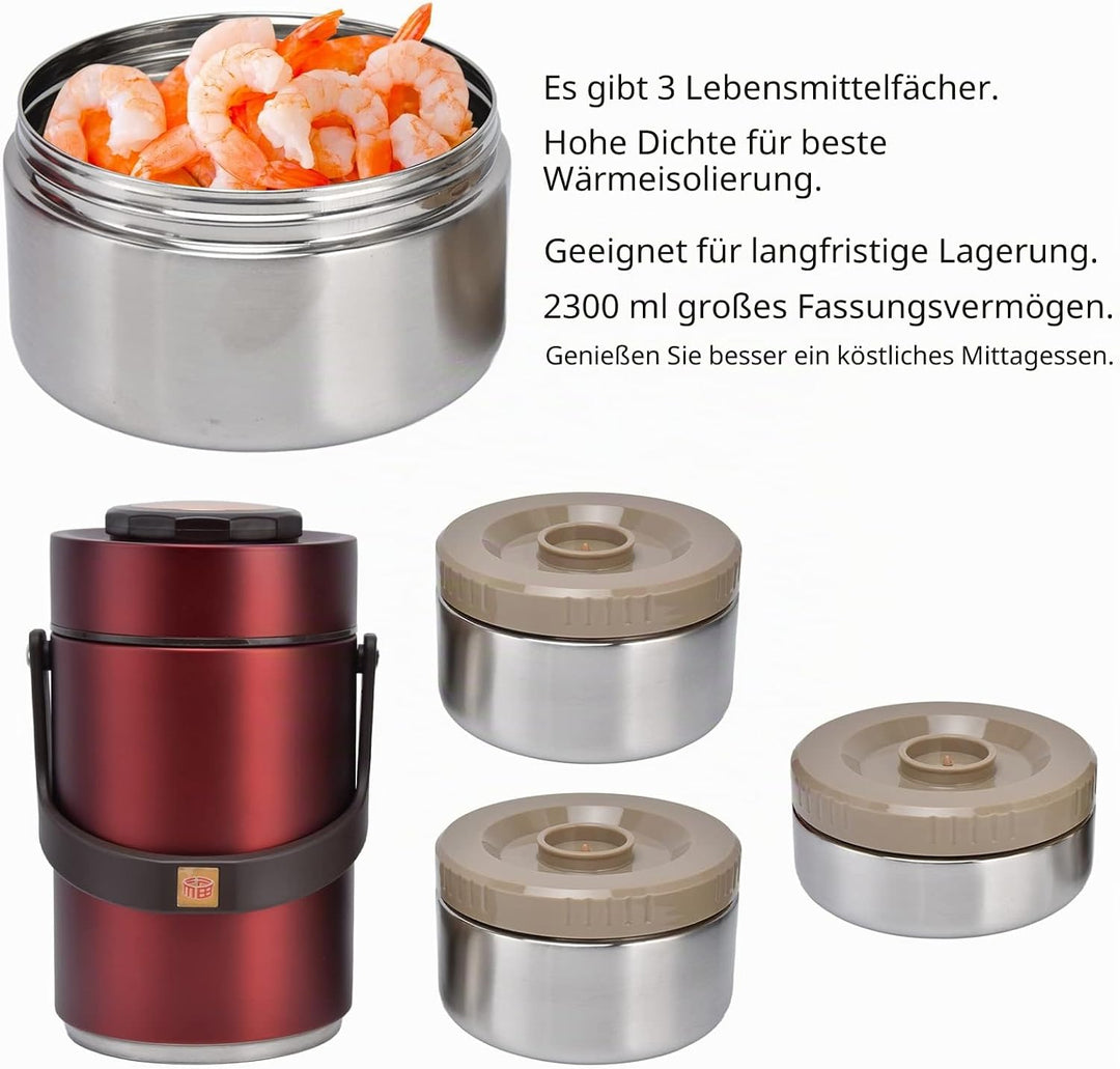 Thermobehälter für Essen, 2,3 L Isolierter Lebensmittelbehälter 304 Edelstahl 3 Lagiger Warmhaltebeh