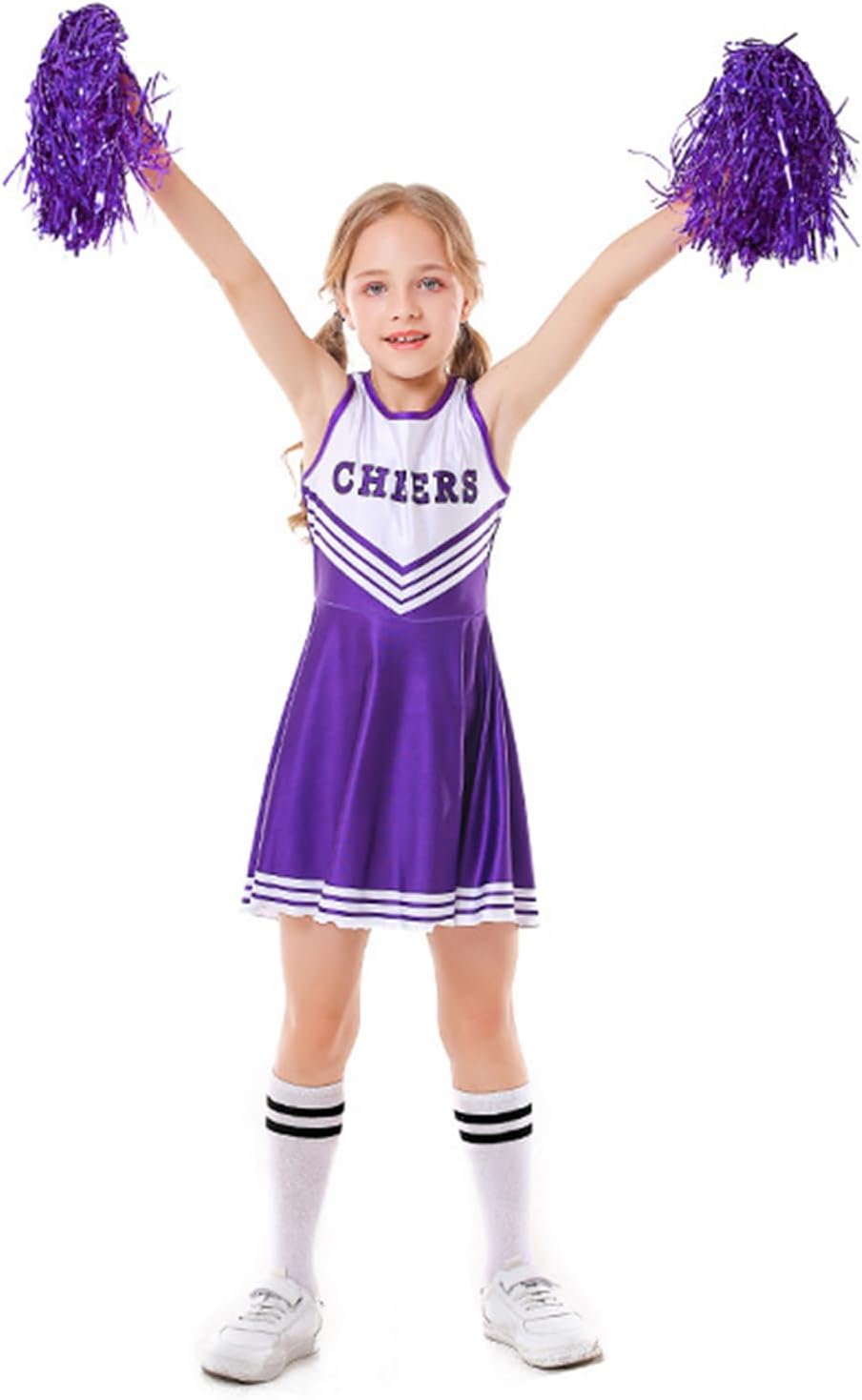 LOLANTA Cheerleader Kostüm Kinder, Cheerleadering Outfit Mädchen mit Pompons(5-6 Jahre,lila,Tag 120)