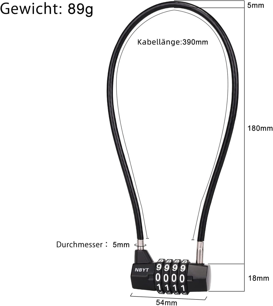 NBYT Stahlkabelseil Zahlenschloss Vorhängeschloss, Durchmesser 5 mm, Länge 39 cm, für Schliessfächer