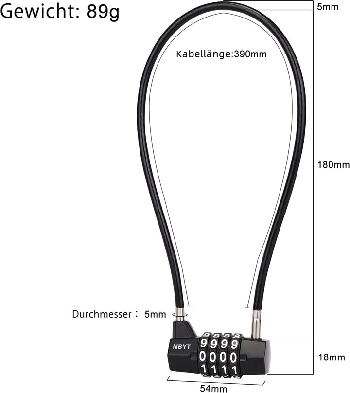 NBYT Stahlkabelseil Zahlenschloss Vorhängeschloss, Durchmesser 5 mm, Länge 39 cm, für Schliessfächer