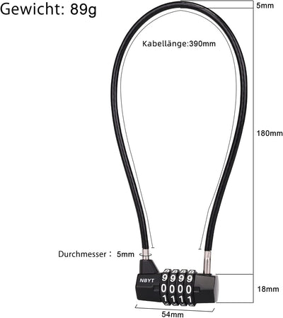 NBYT Stahlkabelseil Zahlenschloss Vorhängeschloss, Durchmesser 5 mm, Länge 39 cm, für Schliessfächer
