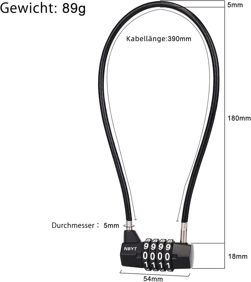 NBYT Stahlkabelseil Zahlenschloss Vorhängeschloss, Durchmesser 5 mm, Länge 39 cm, für Schliessfächer
