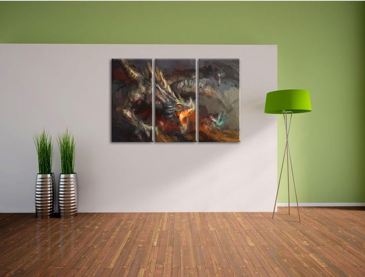 Pixxprint Kampf zwischen Mensch und Drache als Leinwandbild/Grösse: 3 Teilig (120x80 cm) cm/Wandbild