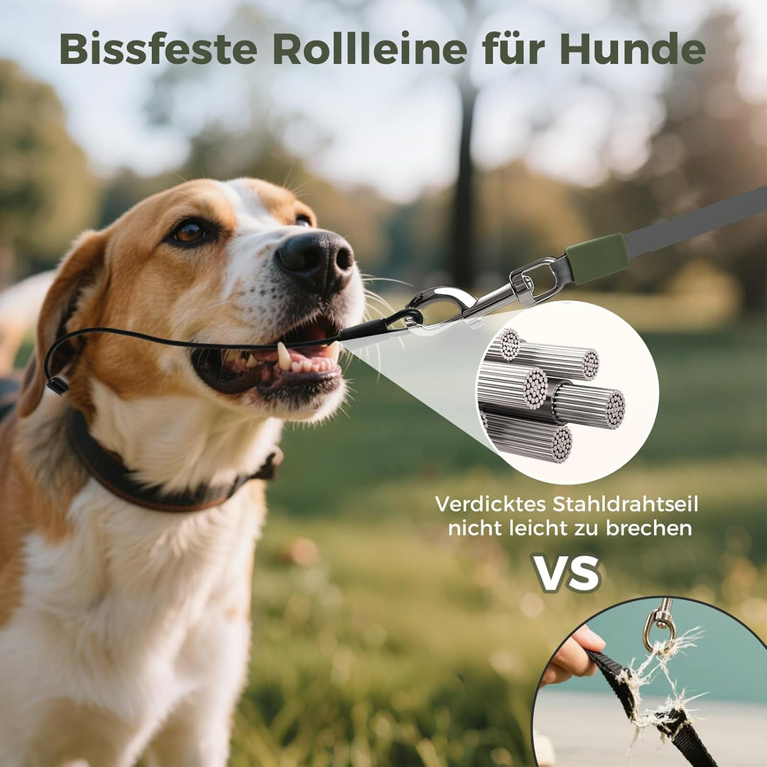 Einziehbare Hundeleine 8m, Rollleine mit bissfesten Stahlseil & Kottaschenhalter, Verhedderungsfreie