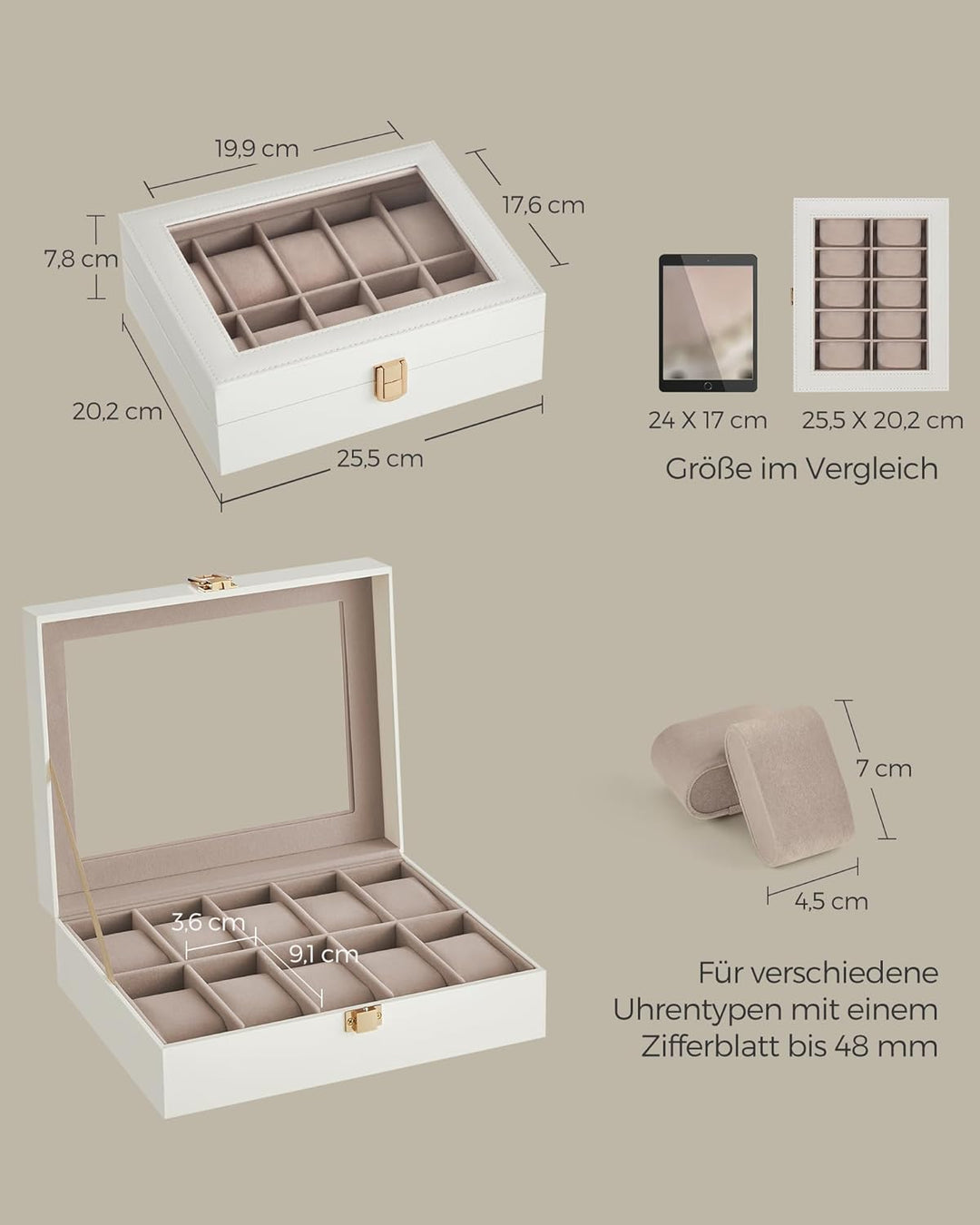SONGMICS Uhrenbox mit 10 Fächern, Uhrenkasten, Glasdeckel, Uhrenkoffer, herausnehmbare Uhrenkissen,
