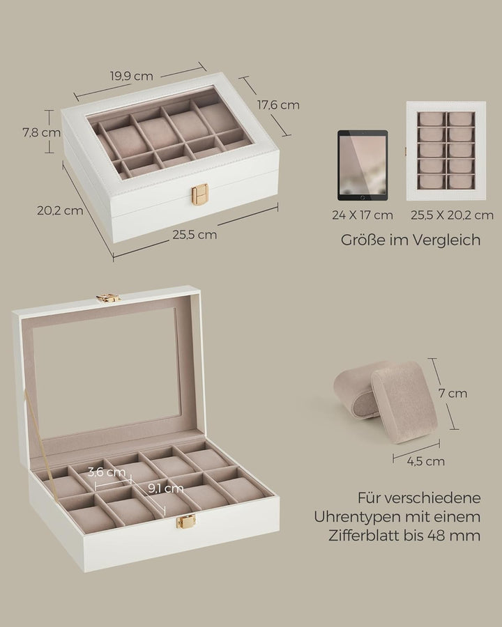SONGMICS Uhrenbox mit 10 Fächern, Uhrenkasten, Glasdeckel, Uhrenkoffer, herausnehmbare Uhrenkissen,