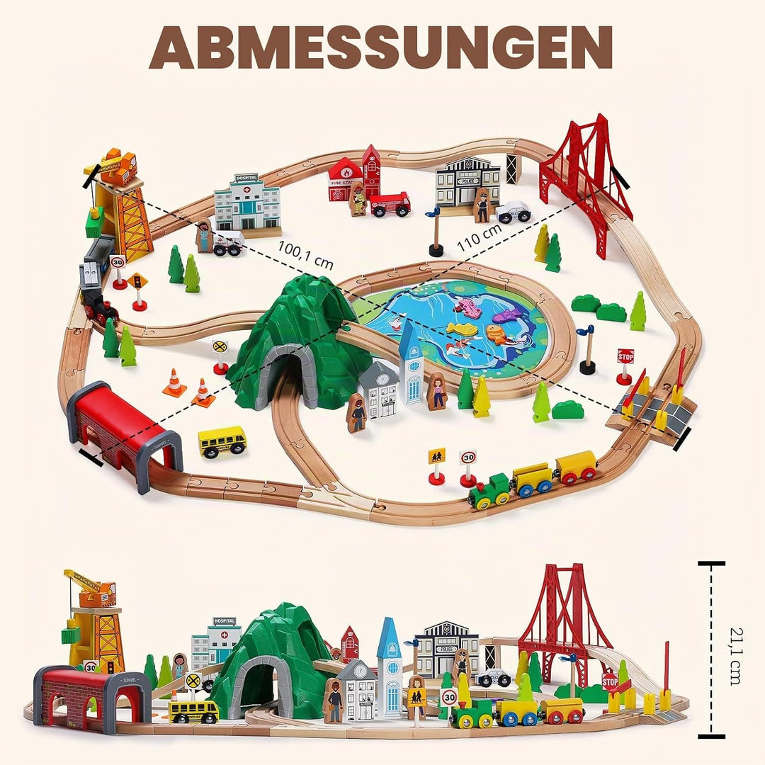 SainSmart Jr. Holzeisenbahn Set 112 Teile, Brücke &amp; Tunnel, Kompatibel Brio