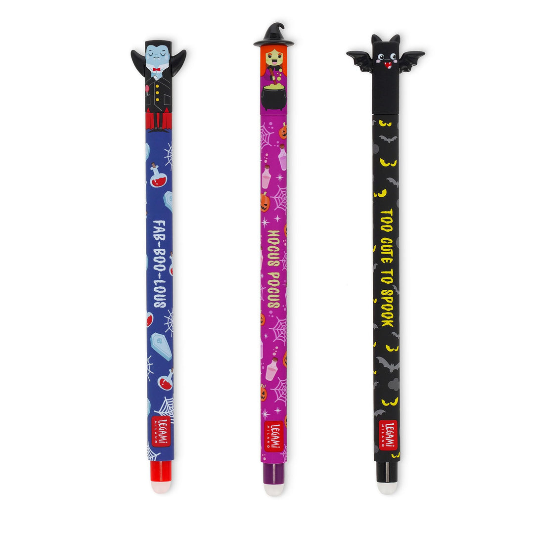 Legami - Set mit 3 löschbaren Gelstiften, The Boo Crew, löschbare wärmeempfindliche Tinte, Schwarz,