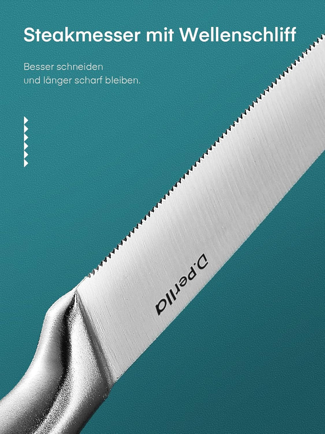 D.Perlla Steakmesser Set, Edelstahl Steakbesteck Set für 8 Personen, Schärfer Länger Steakmesser mit
