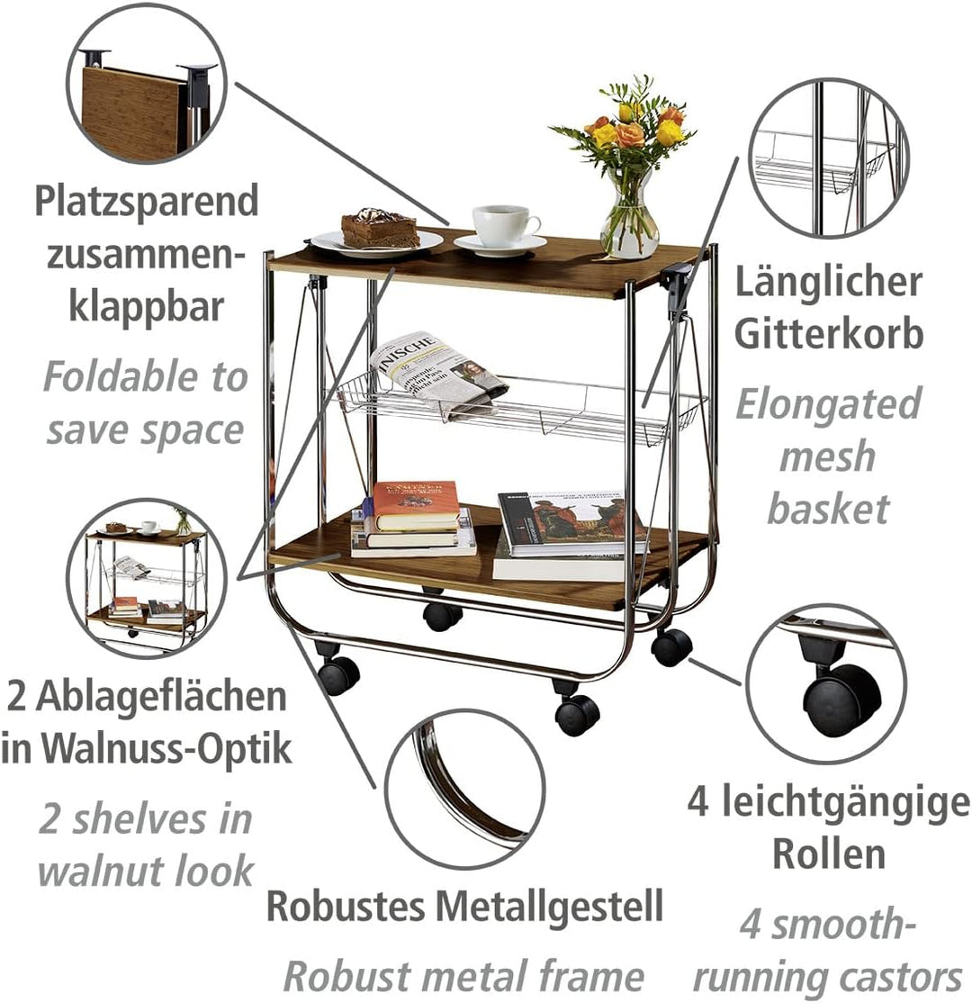 WENKO Servierwagen Dinett Deluxe Walnuss - zusammenklappbar, Ablagekorb, MDF, 68 x 70 x 40.6 cm, Bra