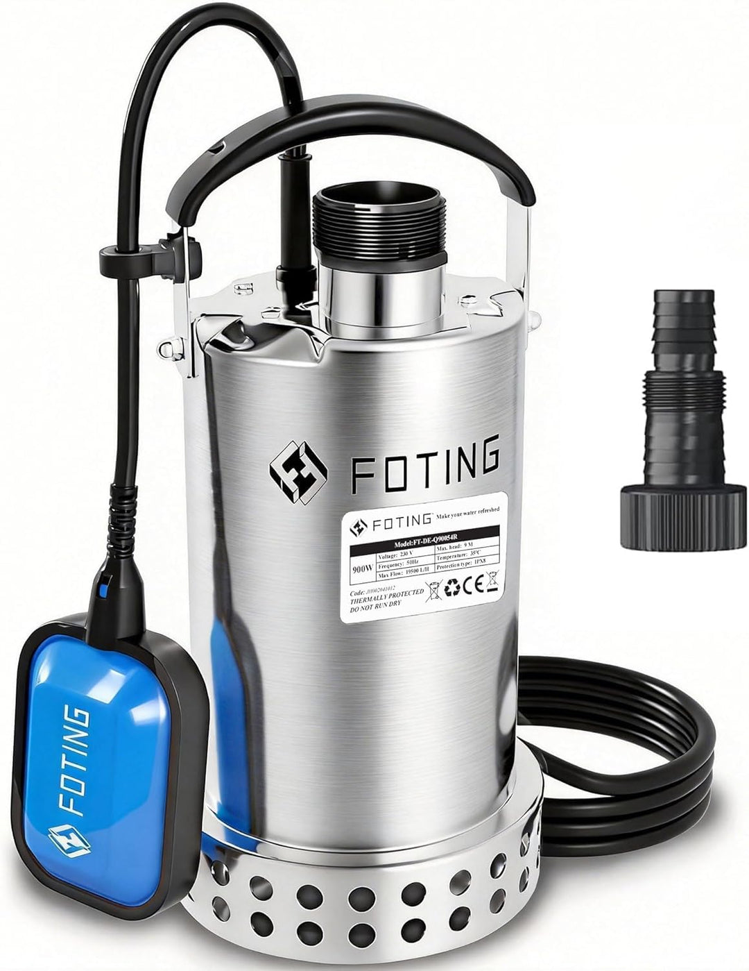 FOTING Edelstahl Tauchpumpe 900 W, 13.000 l/h, Förderhöhe bis 9 m, Eintauchtiefe bis 7 m, mit Schwim