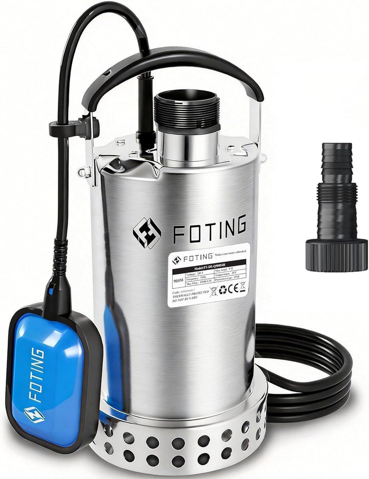 FOTING Edelstahl Tauchpumpe 900 W, 13.000 l/h, Förderhöhe bis 9 m, Eintauchtiefe bis 7 m, mit Schwim