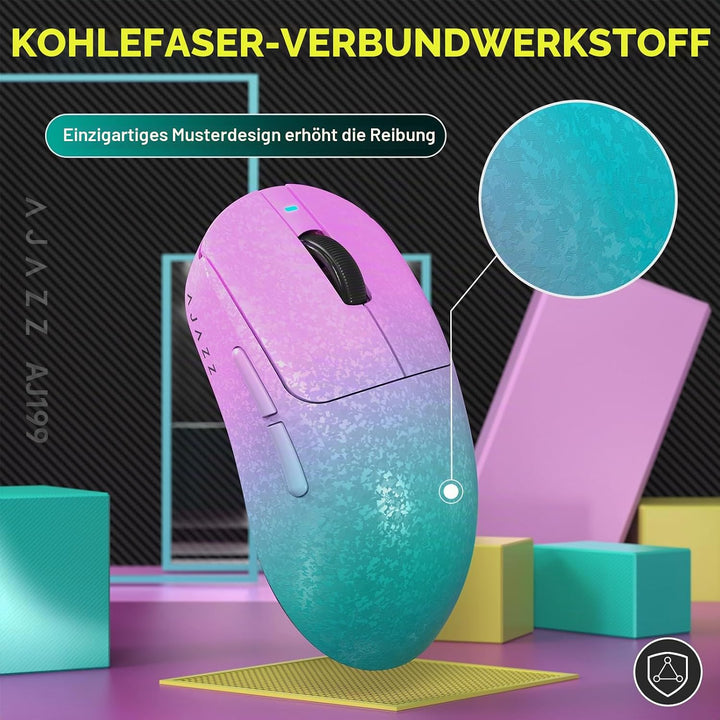 A.JAZZ AJ199 Carbonfaser-Gaming-Maus, Kabellos 2,4G/BT/USB-C Tri-Mode, Ultraleicht 55g, Optischer Pi