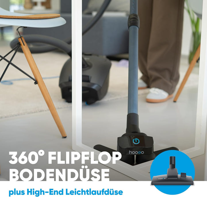 hoogo B3+ anthrazit mit Flipflop Bodendüse | Staubsauger mit Beutel | Starke 850 W Saugleistung | HE