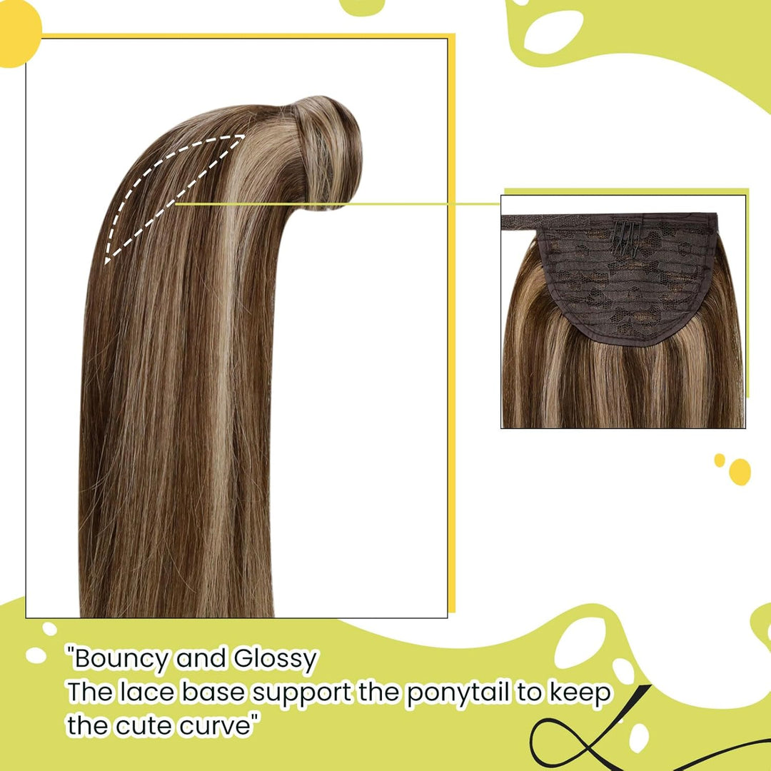 RUNATURE Zopf Extensions Echthaar Braun mit Blond Haarverlängerung Zopf Echthaar Braun Glatt Ponytai