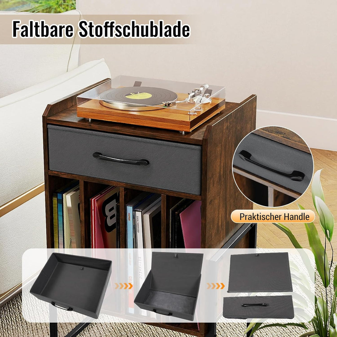 COSTWAY Plattenspieler Ständer, Schallplatten Regal mit Faltbarer Stoffschublade &amp; 4 Fächern bis zu