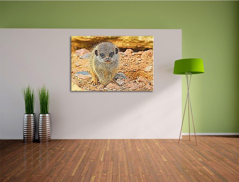 junges Erdmännchen zwischen Steinen Deluxe Format: 120x80 cm auf Leinwand, XXL riesige Bilder fertig