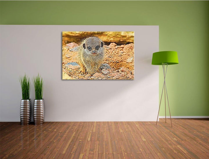 junges Erdmännchen zwischen Steinen Deluxe Format: 120x80 cm auf Leinwand, XXL riesige Bilder fertig