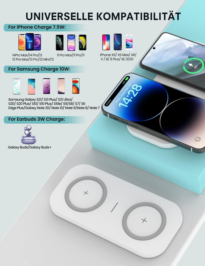 JoyGeek 2 IN 1 Wireless Charger, 15W Max Induktive Ladestation, für iPhone 15/14/13/12/11/Pro/ProMax