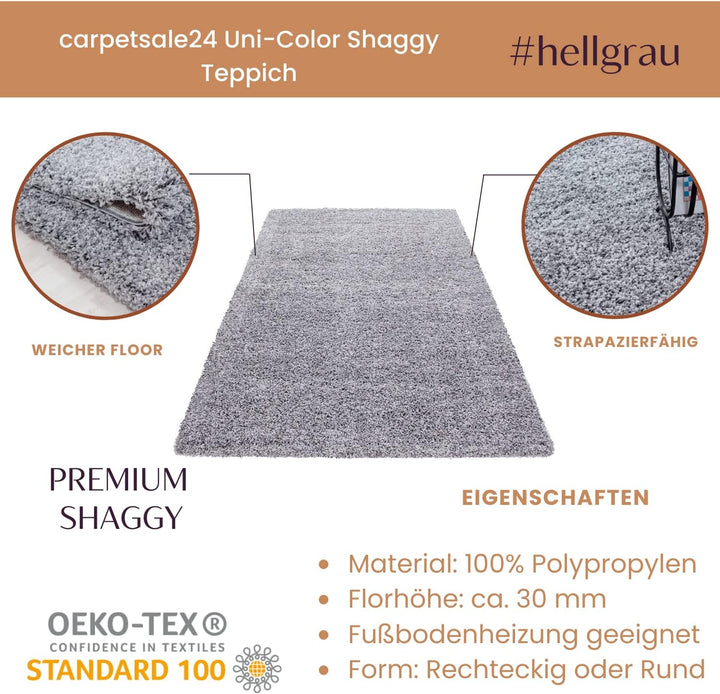 Carpetsale24 Teppich Wohnzimmer 200 cm Rund Hellgrau Shaggy Hochflor Einfarbig Modern Design - Runde