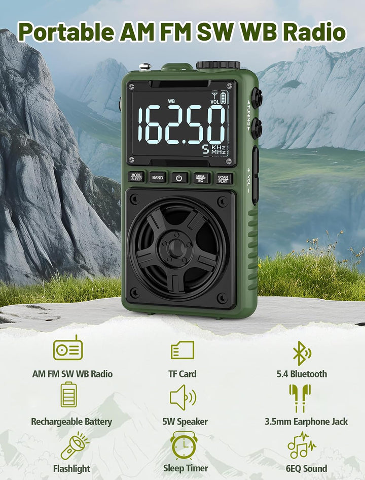 Bluetooth AM FM Kurzwellenradio mit NOAA Wetteralarm, 1250 mAh, wiederaufladbares, tragbares Taschen