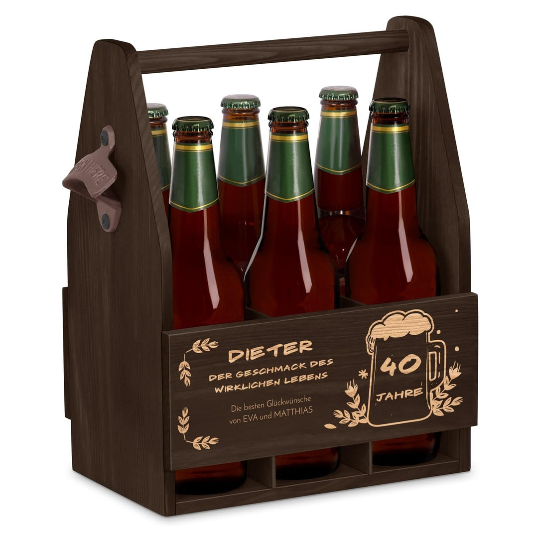Maverton Bierträger für 6 Flaschen 0,5L + Gravur - Männerhandtasche mit Flaschenöffner - Grösse: 25x
