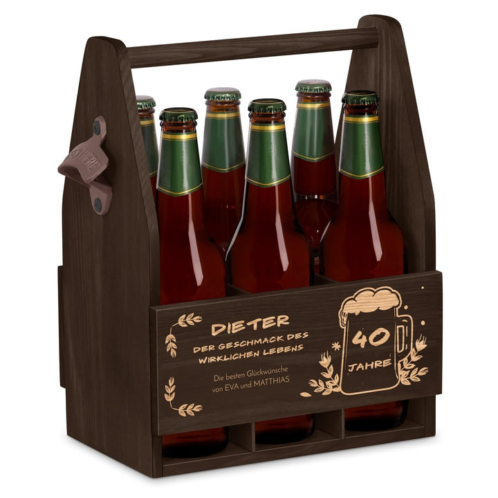Maverton Bierträger für 6 Flaschen 0,5L + Gravur - Männerhandtasche mit Flaschenöffner - Grösse: 25x