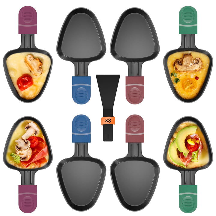 8er Set Raclette Pfännchen antihaftbeschichtet, Mini Grill Pfännchen Ersatz mit 8 Schaber und buntem