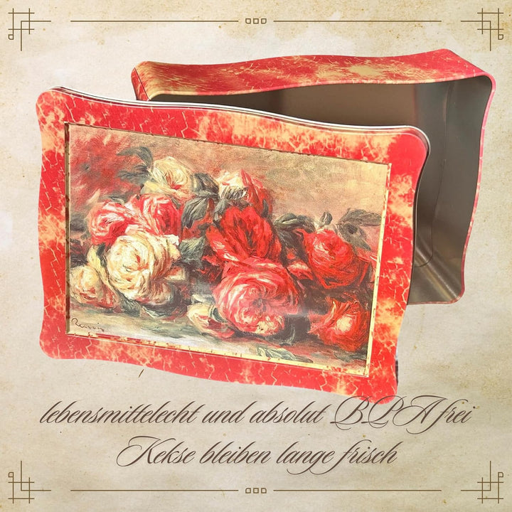 Rosendose - bezaubende, rot melierte Gebäckdose mit Rosen auf dem Deckel - lebensmittelecht - Keksdo