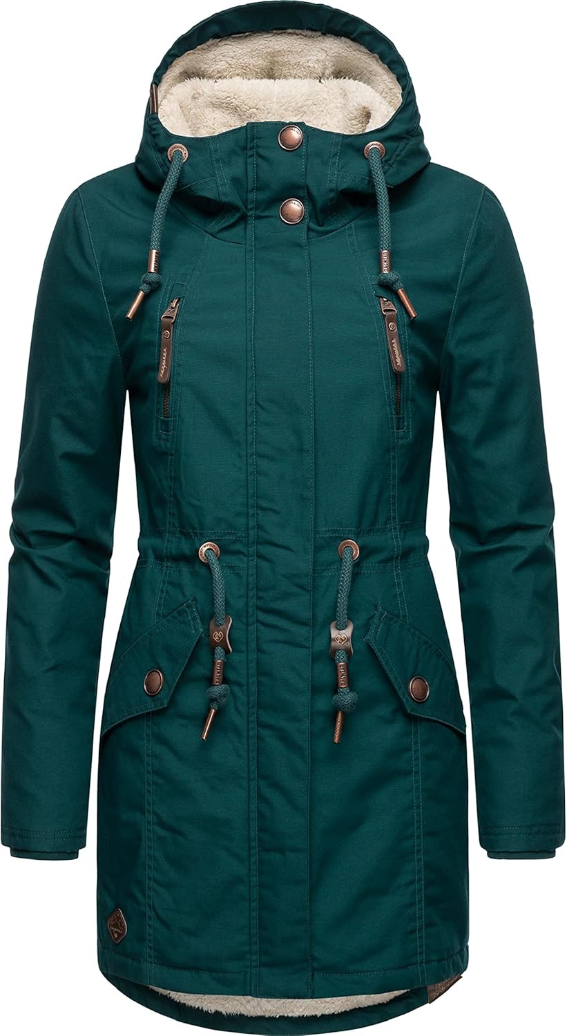 Ragwear Damen Mantel Lange warme Winterjacke mit Teddyfell-Kapuze Elsie Intl XS-5XL S Dark Green22,