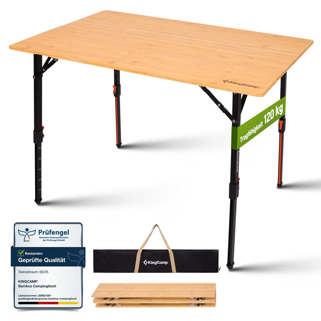 KingCamp Bambus Campingtisch Höhenverstellbar (42-70 cm) – Klapptisch aus Bambus, 120 kg Tragkraft,