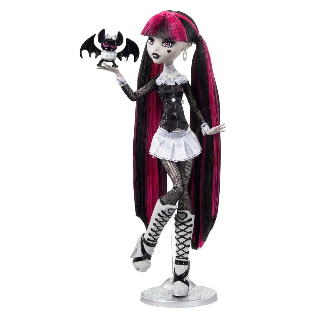Monster High-Puppe Draculaura in Schwarzweiss, Reel-Drama-Sammlerpuppe, Poster in Puppengrösse und L