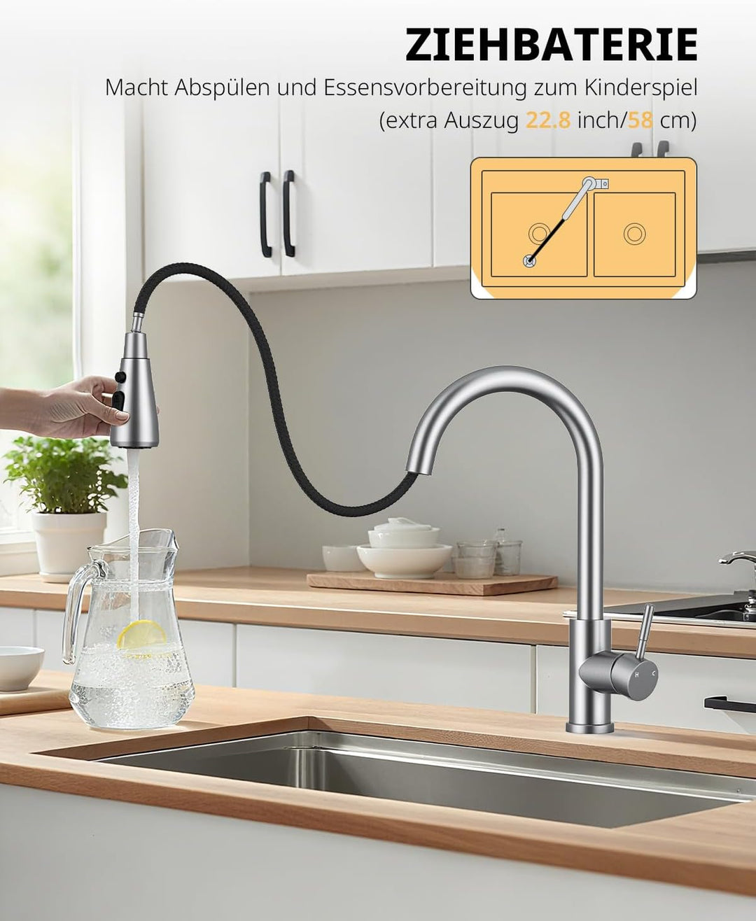 Küchenarmatur, Ausziehbarer Wasserhahn mit Edelstahl-Sprühbrause und 3 Sprühfunktionen, 360° schwenk